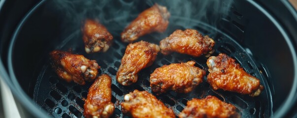 Crispy buffalo chicken wings smoking hot in air fryer