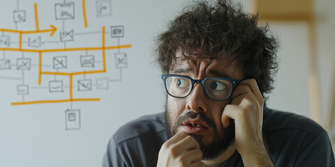 Man Examining Hand-Drawn Flowchart on Whiteboard
