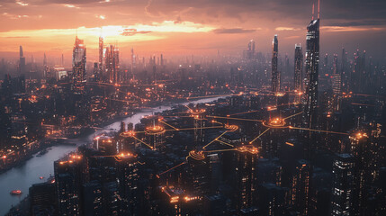 Fototapeta premium Smart digital Innovation city with connection network reciprocity over the twilight cityscape. of future smart wireless digital city and social media networking systems that connects people with city