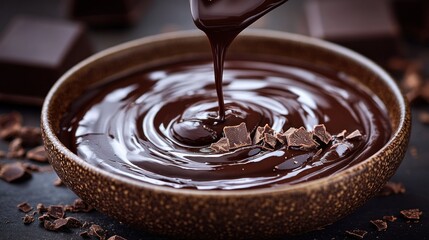 Melted chocolate pouring, bowl, dark, dessert, background, food photography, recipe