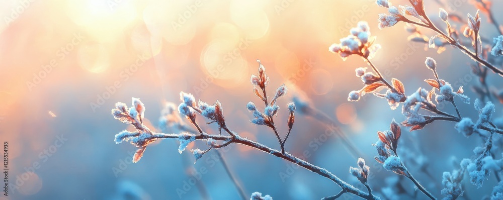 Canvas Prints Frosty morning: sunlit winter branches with frost-covered buds in golden light