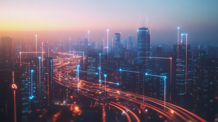 Obraz premium Smart digital Innovation city with connection network reciprocity over the twilight cityscape. of future smart wireless digital city and social media networking systems that connects people with city
