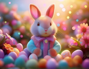 Easter, Easter bunny sits in the grass between colorful, pastel-colored eggs, some of which are in a nest.
