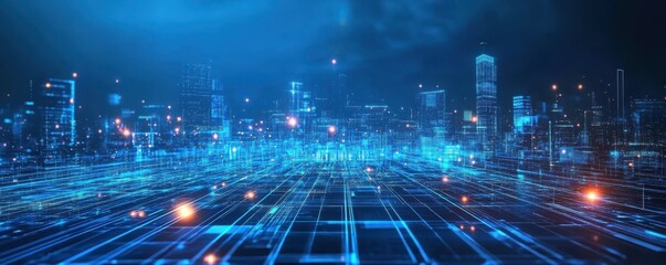 Futuristic digital cityscape at night with neon glowing grid and skyscrapers
