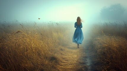 "Enchanting Young Woman in Blue Dress on Ship Amidst Fog and Butterflies &ndash; 4K Realistic Scene"