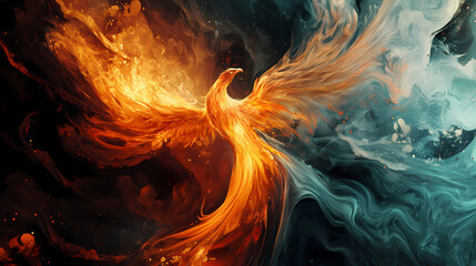 The fierce phoenix, a blend of fire and smoke, embodies themes of eternal life and renewal, capturing the eye with its symbolic, dynamic display of rebirth. Eternal Flame. Illustration