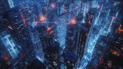 Fototapeta premium Smart digital Innovation city with connection network reciprocity over the twilight cityscape. of future smart wireless digital city and social media networking systems that connects people with city