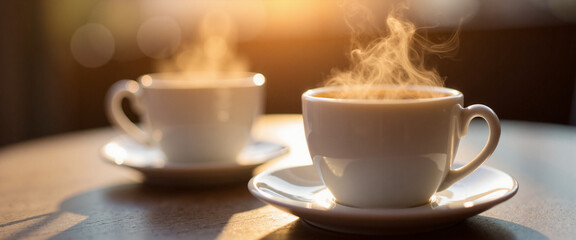Steaming Coffee Cups in Soft Morning Light Creating a Cozy Atmosphere