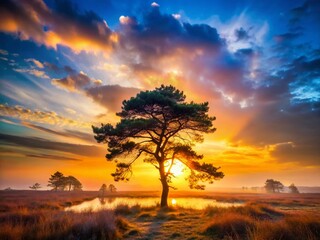 Fototapeta premium Solitary Scots Pine in Dutch Nature Reserve: Double Exposure Dreamscape