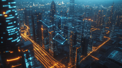 Fototapeta premium Smart digital Innovation city with connection network reciprocity over the twilight cityscape. of future smart wireless digital city and social media networking systems that connects people with city