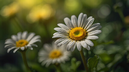 Close-up view of delicate white daisies in a garden, bathed in soft sunlight.  The focus is on a single daisy in the foreground, with others softly blurred in the background.