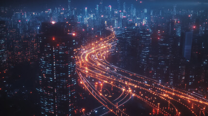 Naklejka premium Smart digital Innovation city with connection network reciprocity over the twilight cityscape. of future smart wireless digital city and social media networking systems that connects people with city