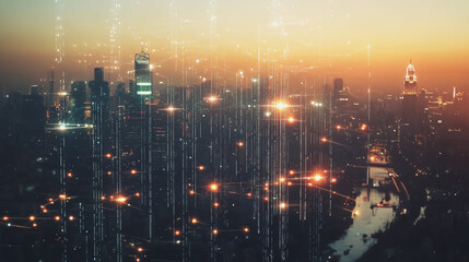 Smart digital Innovation city with connection network reciprocity over the twilight cityscape. of future smart wireless digital city and social media networking systems that connects people with city