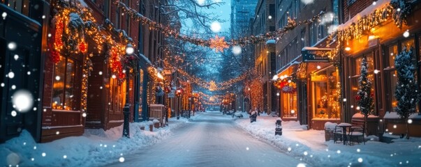 Obraz premium Scenic snowy street with festive christmas lights and decor in winter wonderland