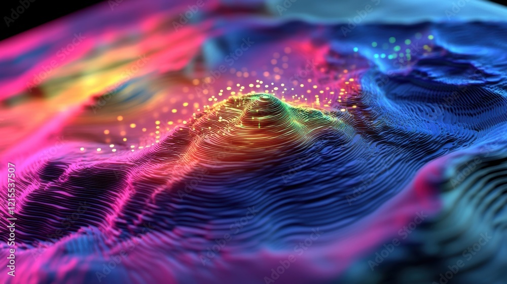 Poster colorful topographic lines creating a mountain like structure with glowing particles, representing d