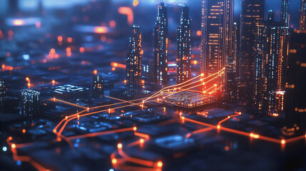 Fototapeta premium Smart digital Innovation city with connection network reciprocity over the twilight cityscape. of future smart wireless digital city and social media networking systems that connects people with city