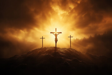 Obraz premium Jesus Christ Crucified Silhouette, Calvary Sunset