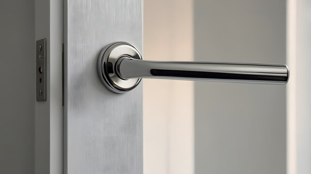a sleek, modern door handle in polished chrome. The handle is designed with clean lines and a minimalist aesthetic, adding a touch of sophistication to any interior