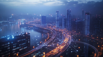 Fototapeta premium Smart digital Innovation city with connection network reciprocity over the twilight cityscape. of future smart wireless digital city and social media networking systems that connects people with city