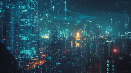 Obraz premium Smart digital Innovation city with connection network reciprocity over the twilight cityscape. of future smart wireless digital city and social media networking systems that connects people with city