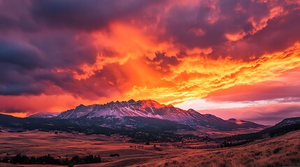 Fiery Horizons: A Sunset Blaze Over Rugged Mountain Peaks