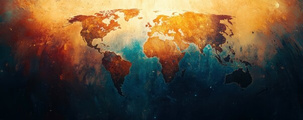 Abstract artistic world map with vibrant earth tones and cosmic highlights