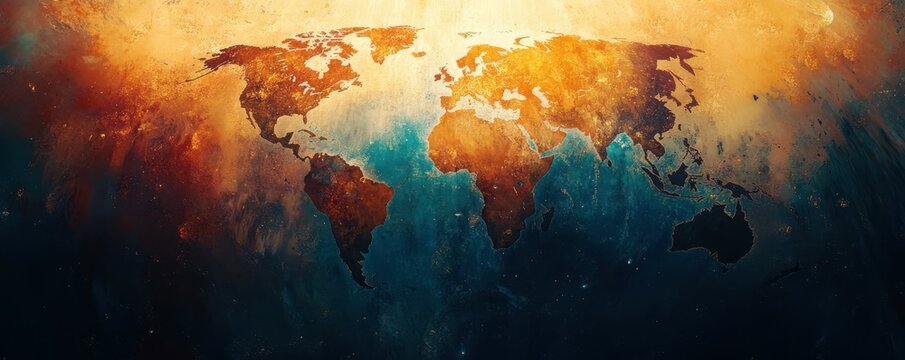 Fototapeta Abstract artistic world map with vibrant earth tones and cosmic highlights
