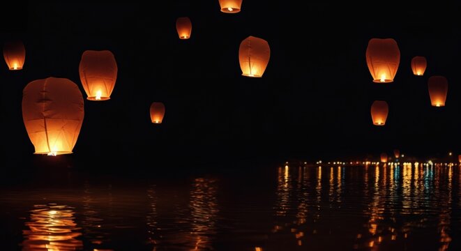 Glowing sky lanterns floating over dark water with reflecting city lights in the background