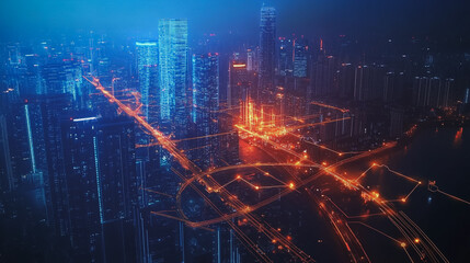 Obraz premium Smart digital Innovation city with connection network reciprocity over the twilight cityscape. of future smart wireless digital city and social media networking systems that connects people with city