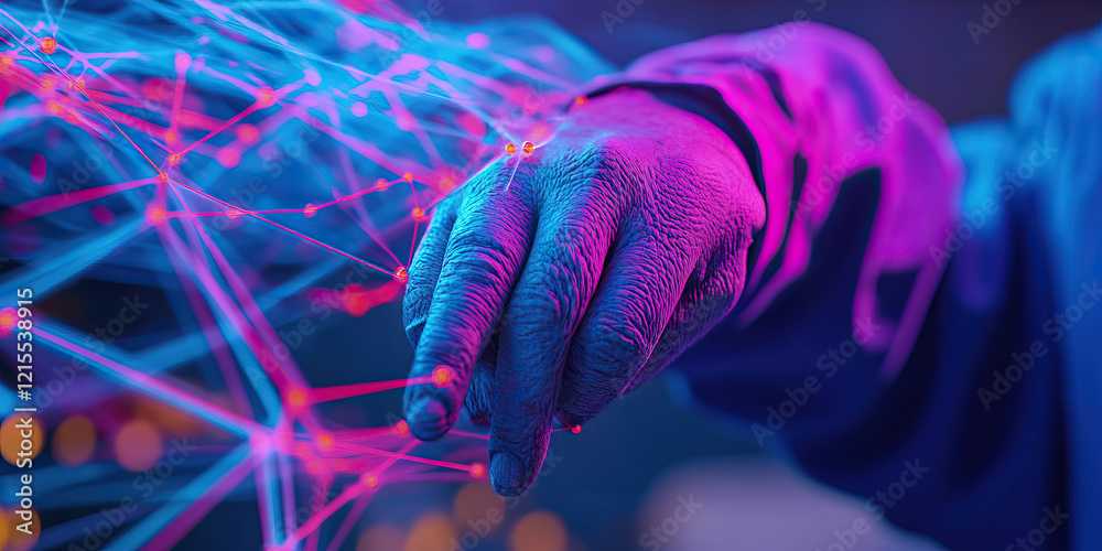 Poster hand interacting with a network of interconnected lines and nodes