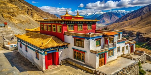 Fototapeta premium Spiti Valley, India: Traditional House with Gold & Red Roof, Blue & White Door