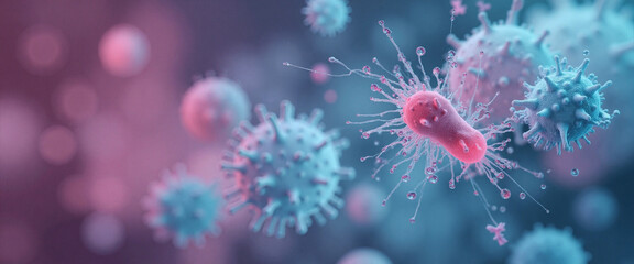 Microscopic view of colorful microorganisms in fluid environment conveying a sense of discovery and wonder in the microbial world
