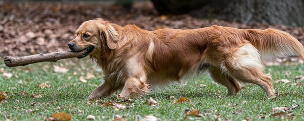Golden retriever dog playing with stick on leaf-covered grass