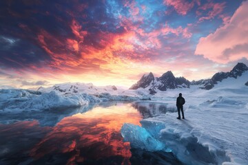Obraz premium Polar sunset watcher gazes at vibrant colors over icy landscape silhouette dusk reflection nature photography breathtaking environment