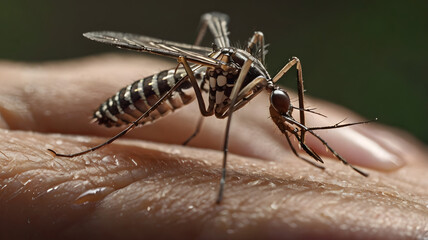 Aedes aegypti mosquito feeding on human skin. Close-up view showing intricate details of the insect's body and legs.