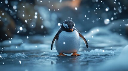 Penguin standing on ice in a snowy environment nature photography arctic landscape