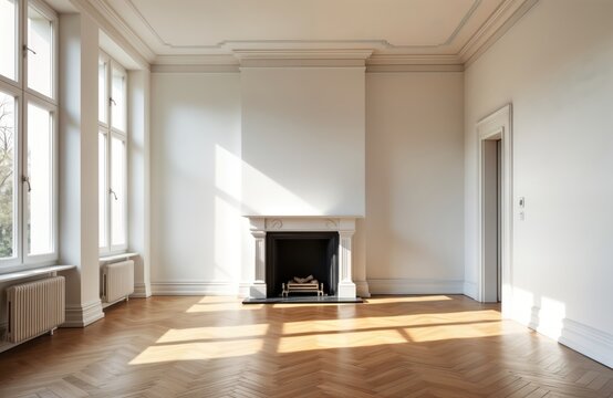 Empty Parisian living room with herringbone parquet floor, white walls. Sunlight streams through large windows. Classic fireplace focal point. Modern design meets traditional elements. Room airy,