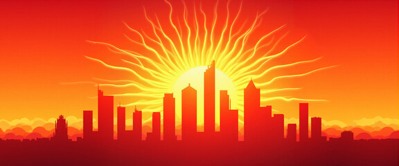 Urban skyline silhouette with vibrant sun background conveying heat and energy during sunset representing the Urban heat island effect