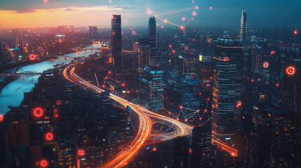 Fototapeta premium Smart digital Innovation city with connection network reciprocity over the twilight cityscape. of future smart wireless digital city and social media networking systems that connects people with city
