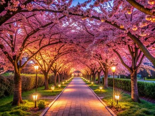 Fototapeta premium Spring Garden Walkway: Blooming Pink Sakura Cherry Blossoms under Sunny Sky