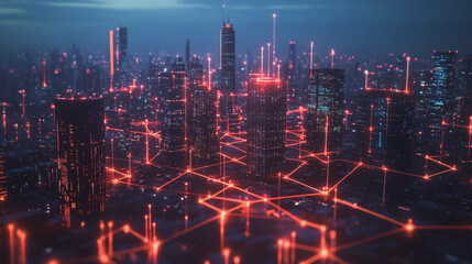 Smart digital Innovation city with connection network reciprocity over the twilight cityscape. of future smart wireless digital city and social media networking systems that connects people with  city