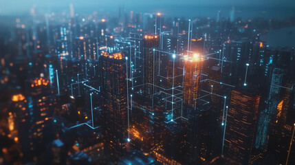 Fototapeta premium Smart digital Innovation city with connection network reciprocity over the twilight cityscape. of future smart wireless digital city and social media networking systems that connects people with city