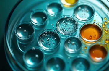 Magnified view of microplate wells filled with various samples. Clear plastic wells show different liquids like water, amber liquid. Bubbles, specks noticeable in wells. Scientific research lab