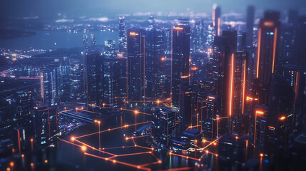 Smart digital Innovation city with connection network reciprocity over the twilight cityscape. of future smart wireless digital city and social media networking systems that connects people with  city