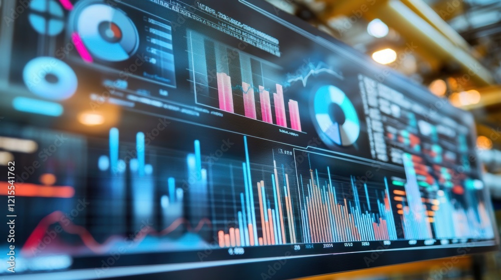 Aufkleber large screen displaying various graphs, charts, and data visualizations, providing real time monitor