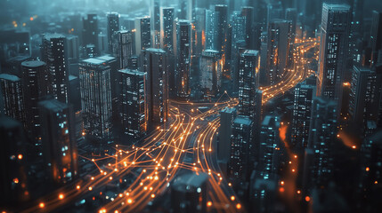 Obraz premium Smart digital Innovation city with connection network reciprocity over the twilight cityscape. of future smart wireless digital city and social media networking systems that connects people with city