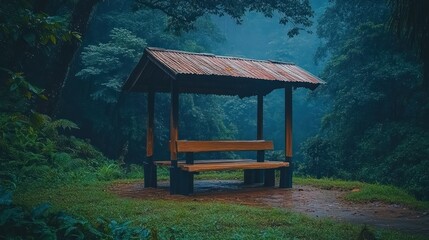 Rainforest shelter bench, misty view, rest stop