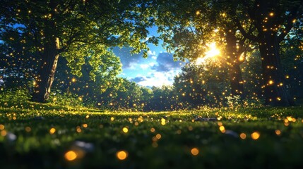 Obraz premium Whimsical woodland sprites dance beneath shimmering fairy lights in a moonlit glade captured from a low angle realistic gigapixel nature scene