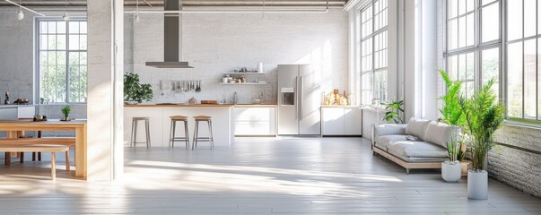 Spacious modern loft kitchen with sunlit interior and minimalist decor