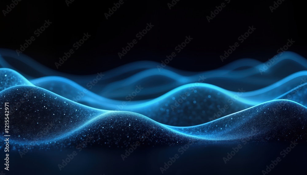 Poster futuristic abstract design shows smooth flowing glowing blue lines on dark black background. wave-li